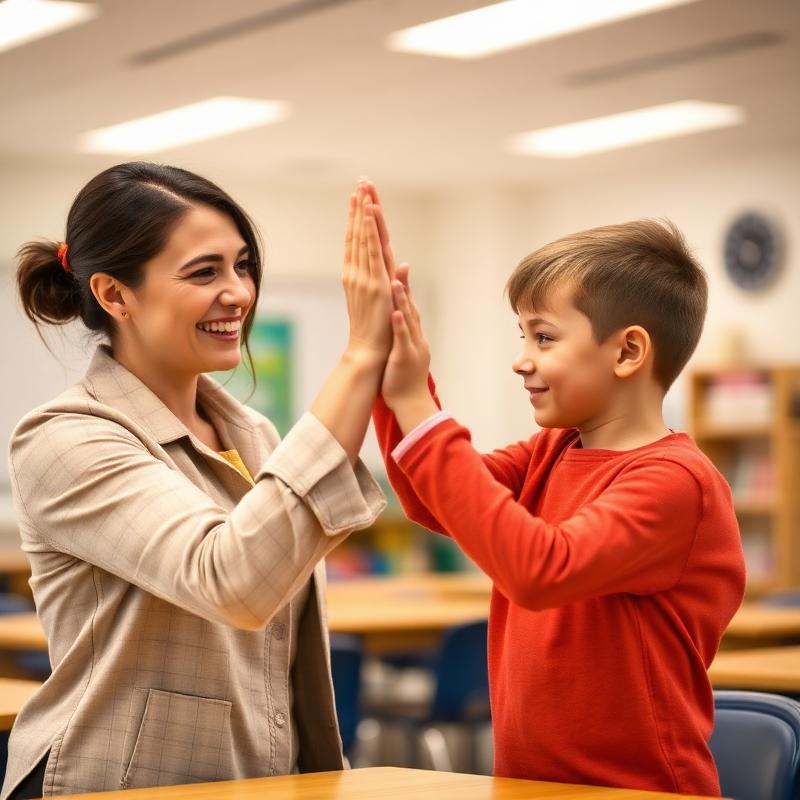 Teacher and student high-fiving in classroom