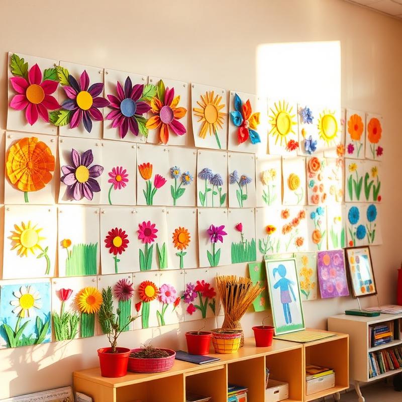 Children's art display on a classroom wall